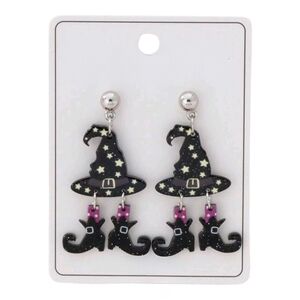 Halloween Witch Hat & Boot Design, Silver, Black & Purple Earrings